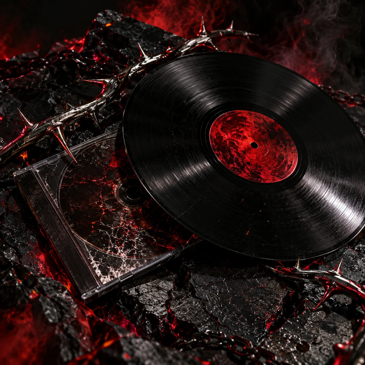 Black vinyl record and CD case surrounded by dark red light, chains and smoke